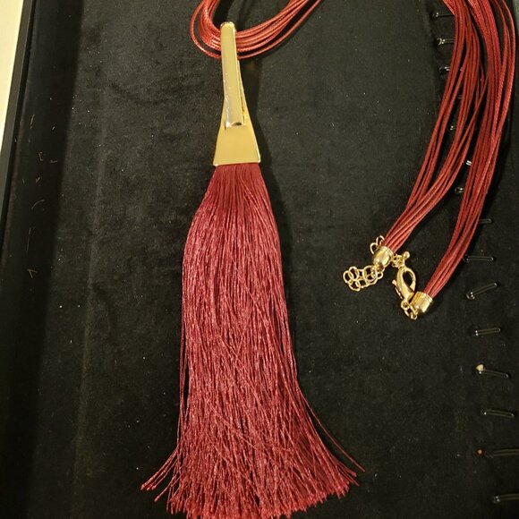Red Tassel Necklace with Gold Accent - Picture 4 of 4